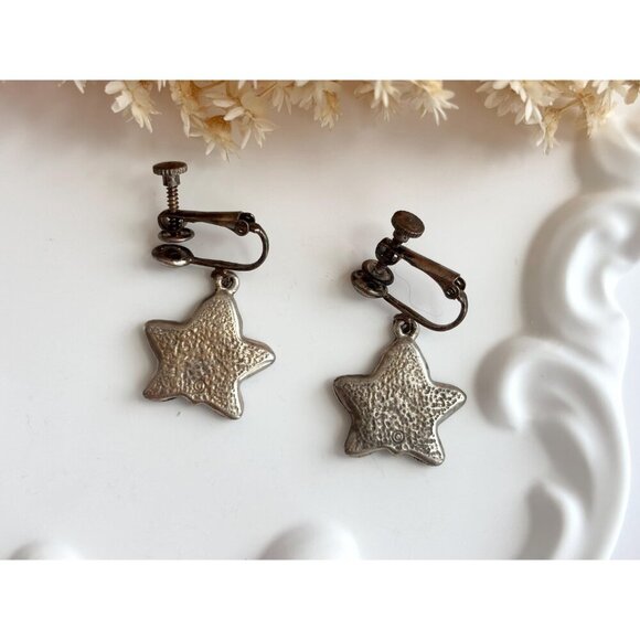 Textured Tree Spirit Vintage Star & leaf Silver T Pewter Screw Back Earrings - Picture 5 of 9